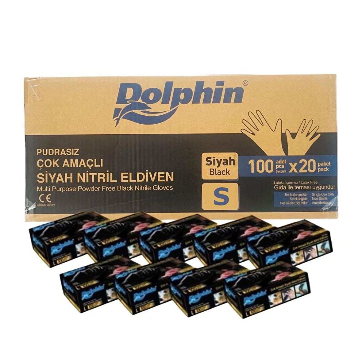 Dolphin Tek Kullanımlık Lateks Siyah Pudrasız Nitril Muayne Eldiveni Small Boy - 100'lü 20 Paket