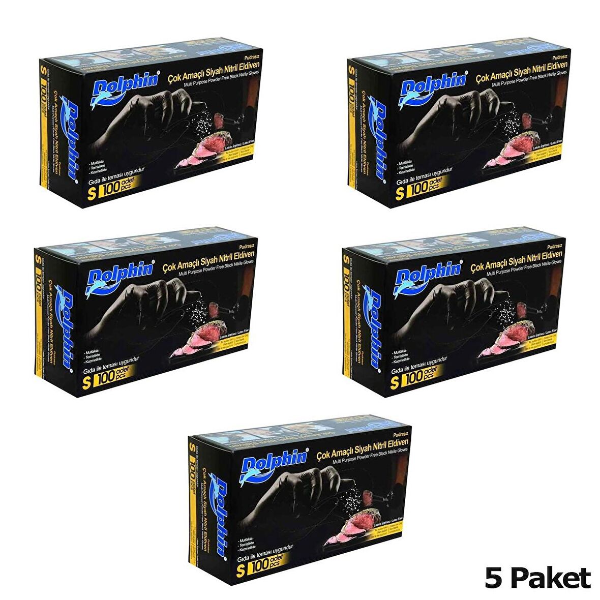 Dolphin Tek Kullanımlık Lateks Siyah Pudrasız Nitril Muayne Eldiveni Small Küçük Boy - 100'lü 5Paket