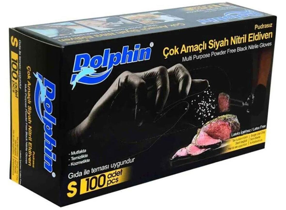 Dolphin Tek Kullanımlık Lateks Siyah Pudrasız Nitril Muayne Eldiveni Small Küçük Boy - 100'lü Paket