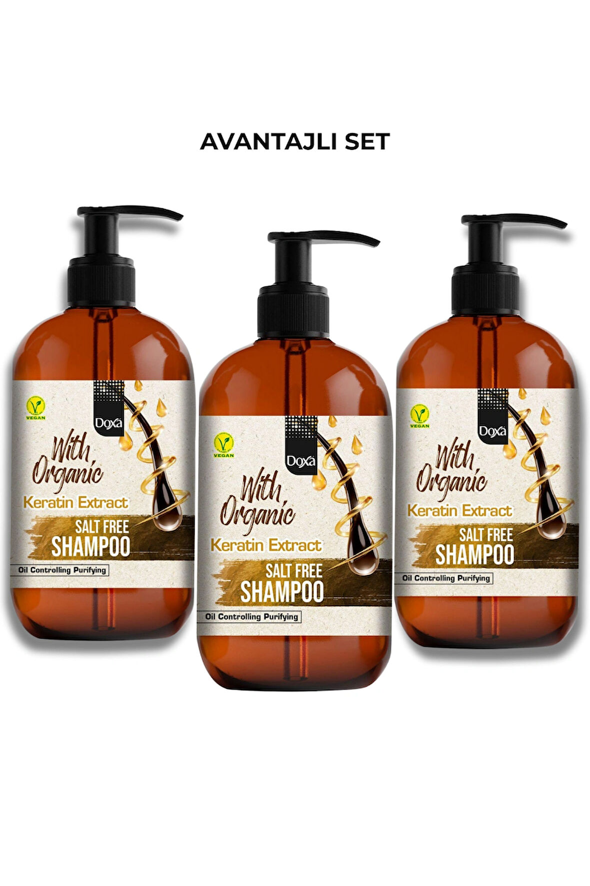 Doxa Organik Keratin Özlü Tuzsuz Şampuan - Yağ Dengeleyici ve Arındırıcı (Salt Free Shampoo - 500 ml) 3lü Set