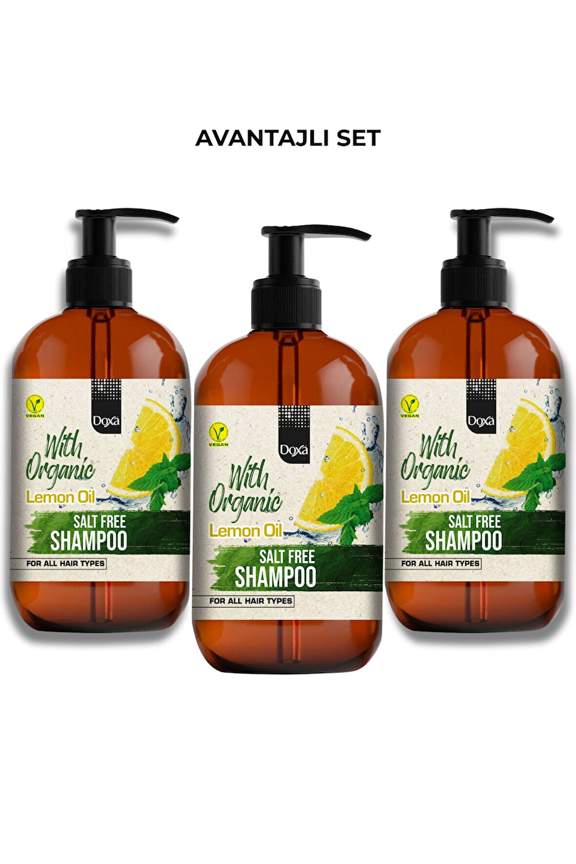 Doxa Tuzsuz Şampuan 500 ml – Organik Limon Yağlı, Tüm Saç Tiplerine Uygun Canlandırıcı Bakım 3lü Set