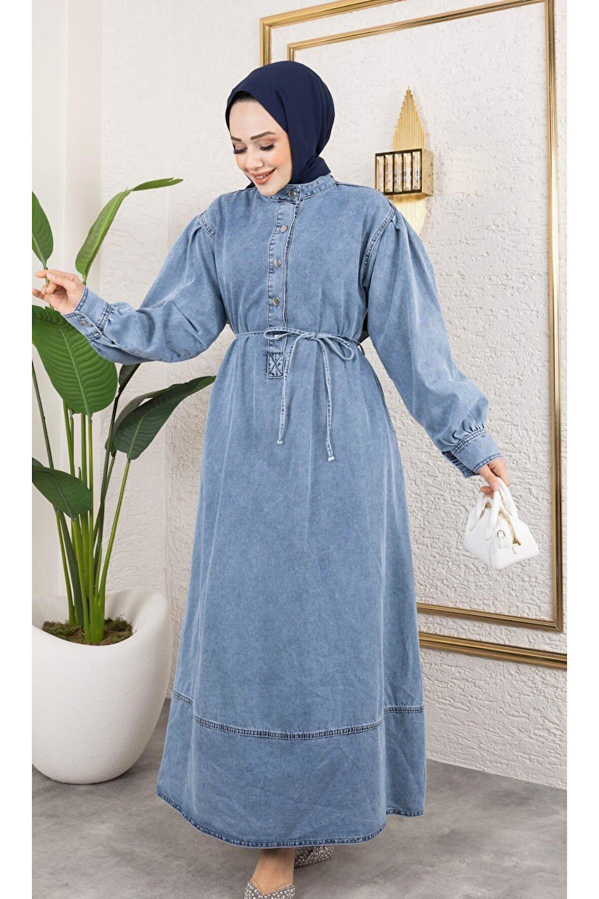 Kadın Düğmeli Kuşaklı Balon Kol Kot Elbise