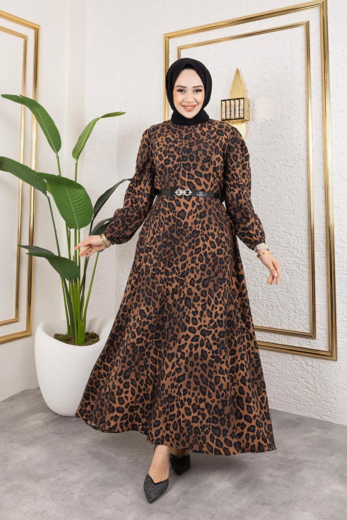 Kadın Kemerli Leopar Desenli Modal Elbise