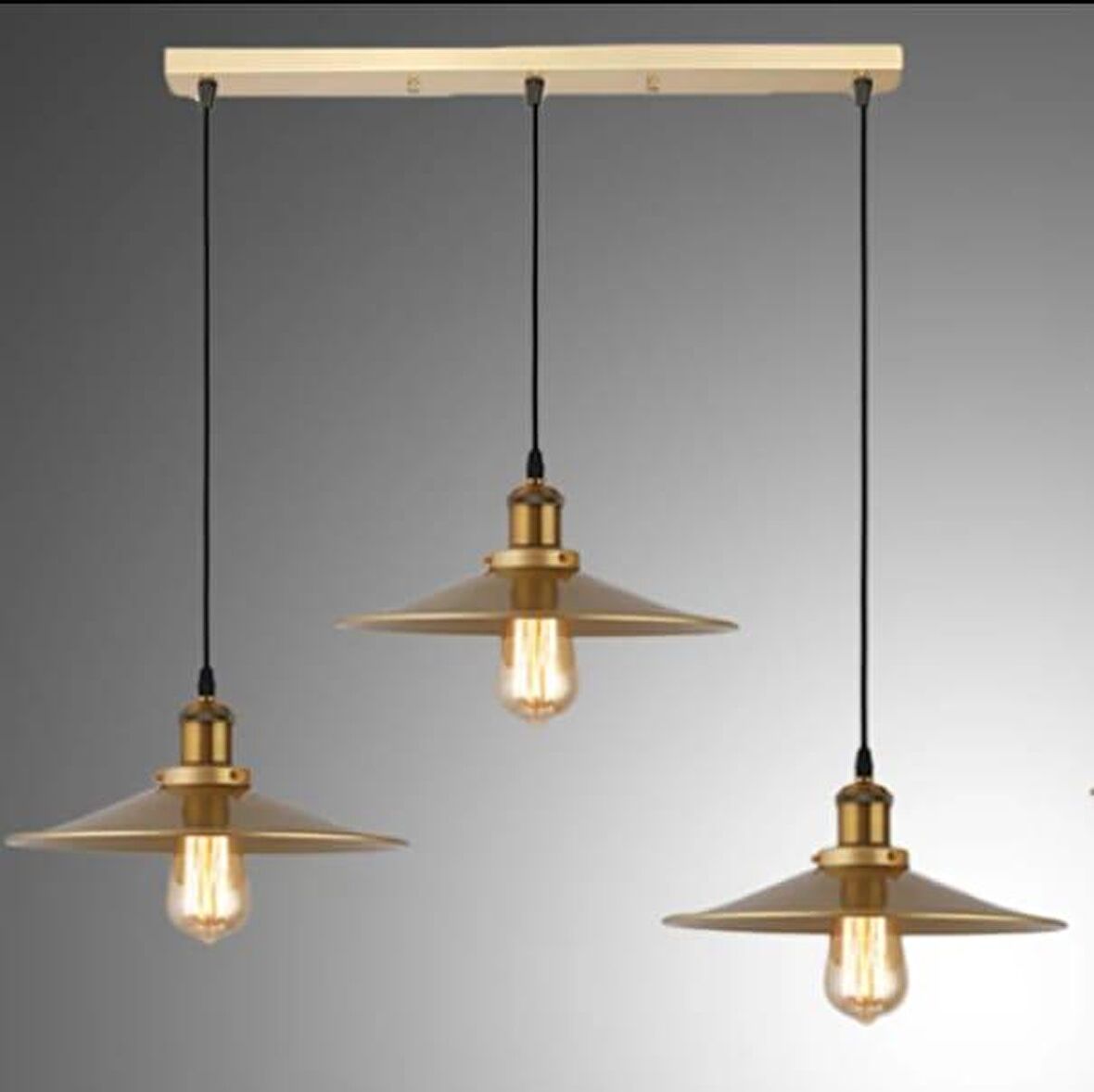 Dylight Retro Metal Dekoratif Eskitme Kaplama 3 lü Masa Üstü Sıralı Avize Genişlik 60 cm 