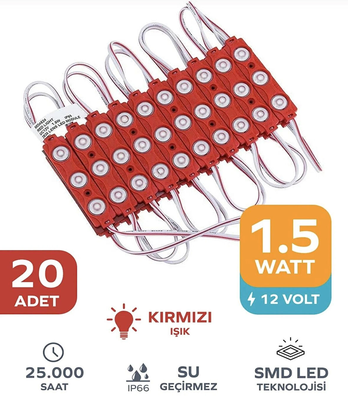 Point 3 Ledli Parmak LED Modül 1.5W 2835 Smd Mercekli 12V-20 Adet Kırmızı