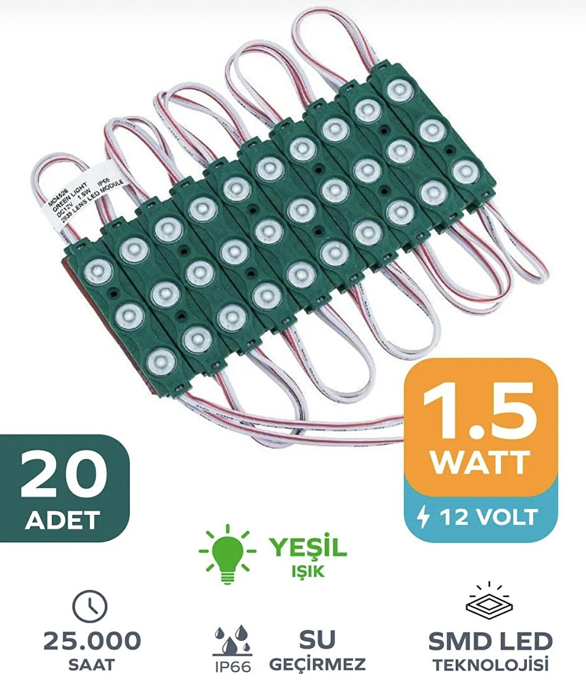 Point 3 Ledli Parmak LED Modül 1.5W 2835 Smd Mercekli 12V-20 Adet Yeşil