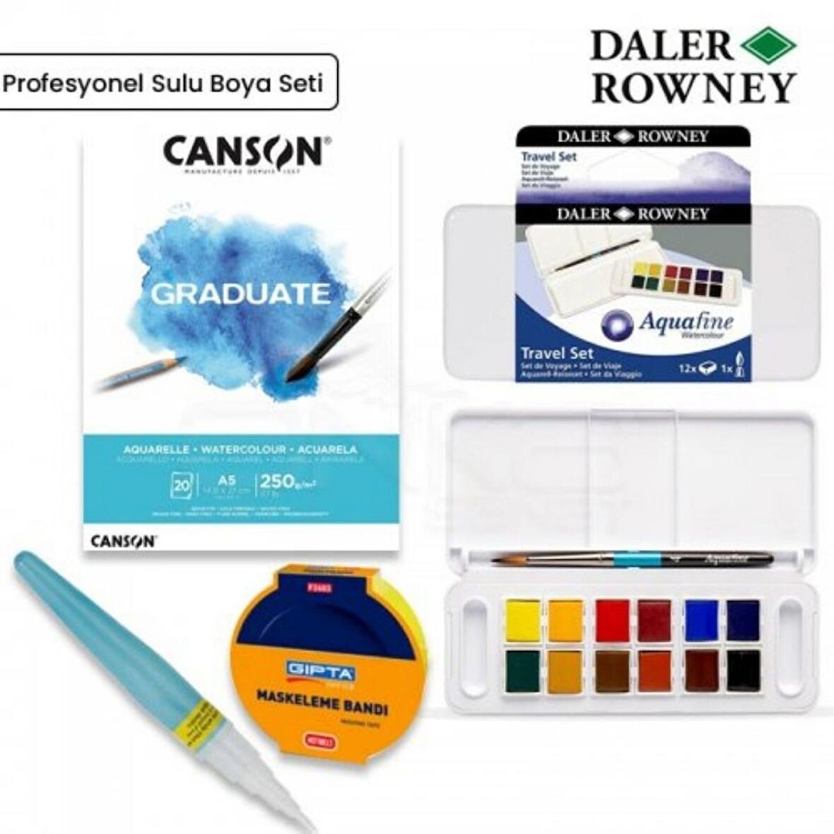 Daler Rowney Profesyonel Sulu Boya Seti 12li + Canson Graduate Sulu Boya Defteri A5 + Zig Hazneli Sulu Boya Fırça