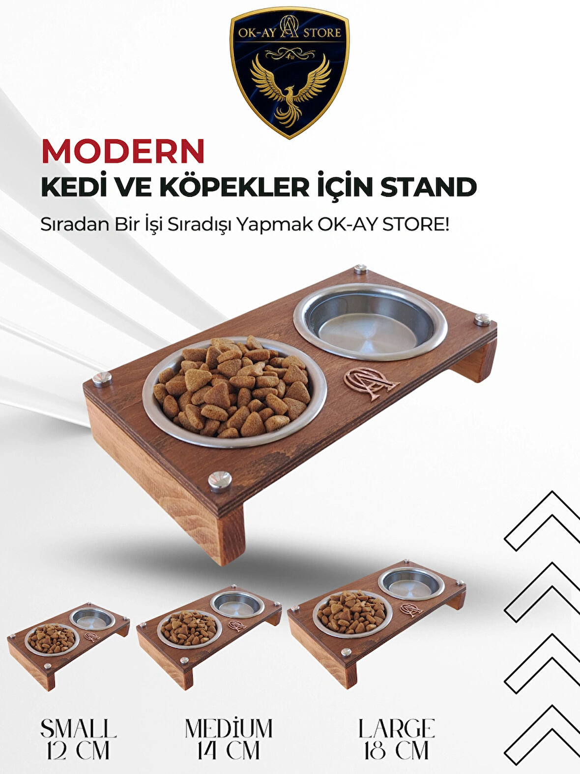  Paslanmaz Çelik Kaseli Kedi Köpek Mama ve Su Kabı Standı – Ahşap Gövde, Kaymaz Tabanlı (Small)