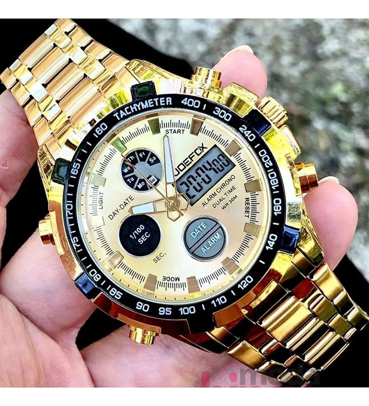 Erkek Kol Saati Dijital Analog Çelik Kordonlu Sarı 1241