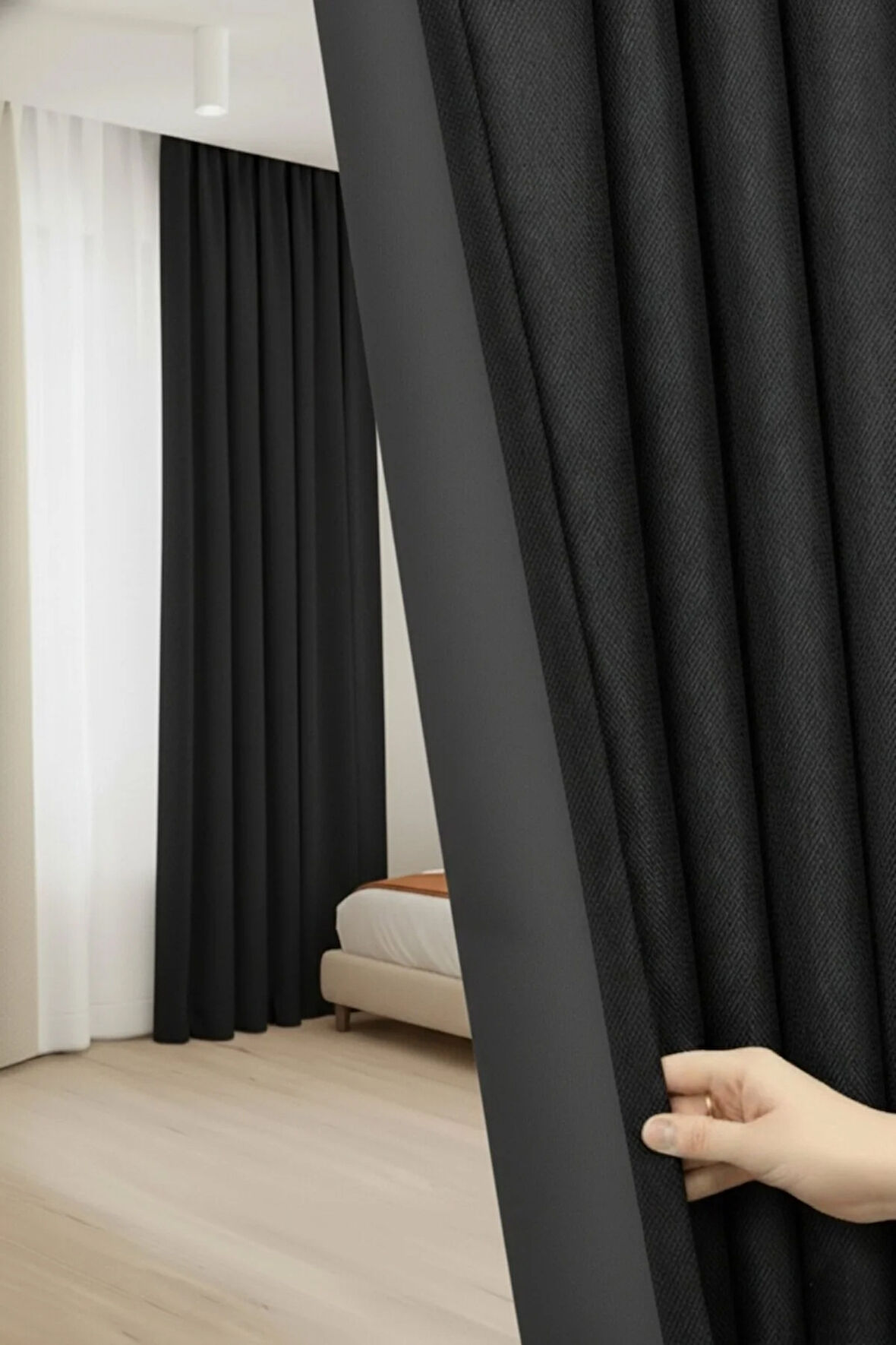 Deste V14 Siyah Çift Taraflı Astarlı Keten Fon ve Karartma Perde - Düz Dikim