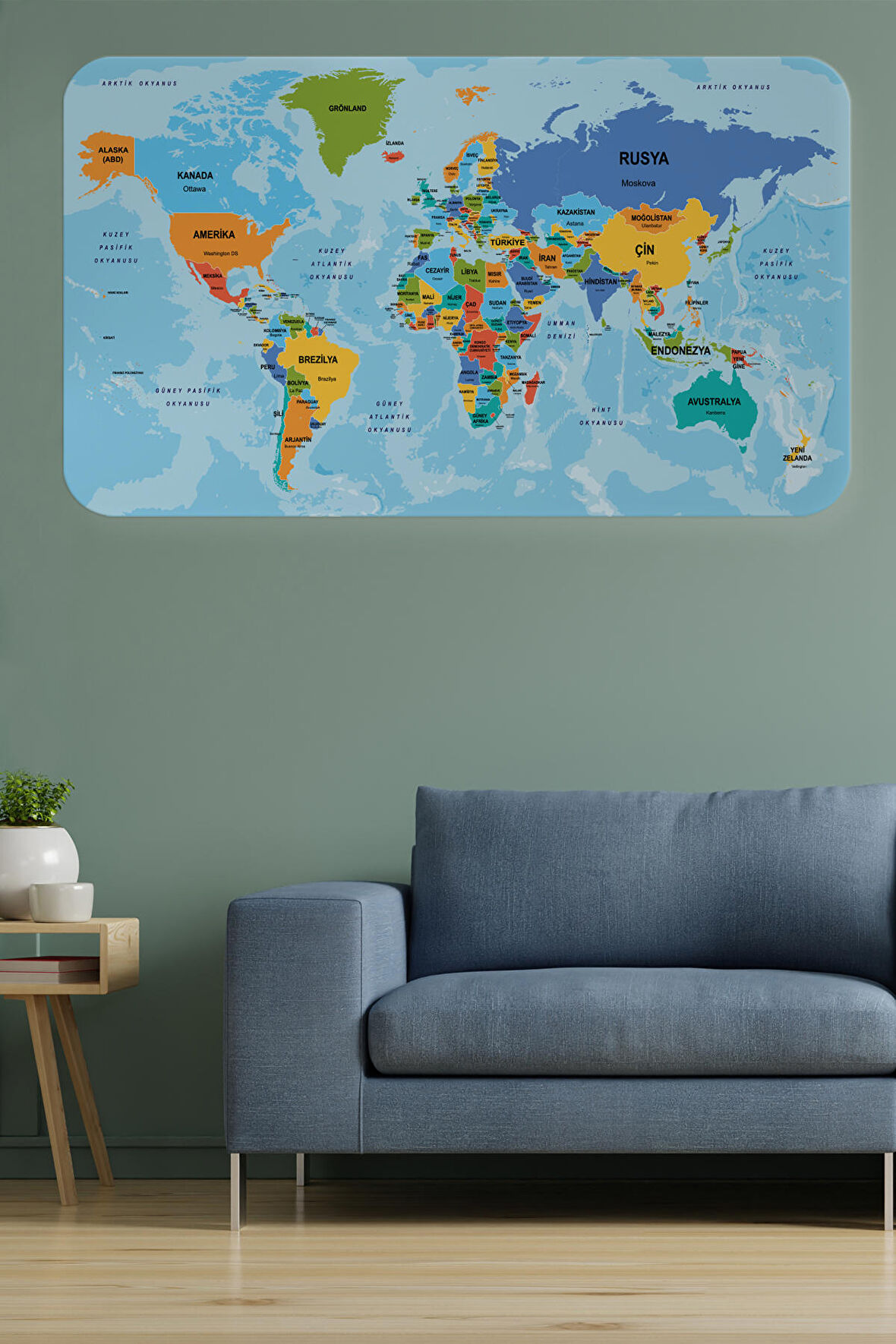 Türkçe Eğitici Ülke ve Başkent Detaylı Atlası Dünya Haritası Duvar Sticker 