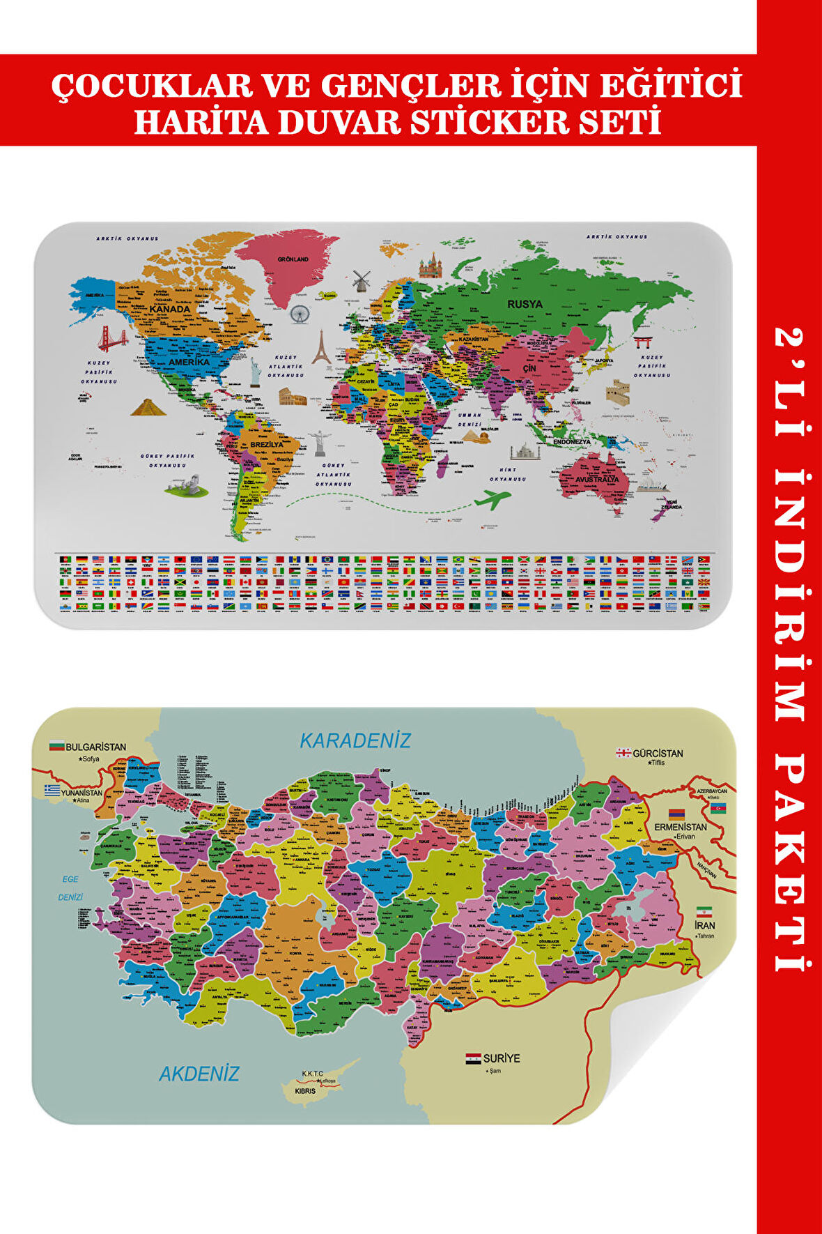  Eğitici - Öğretici Dünya ve Türkiye Haritası Çocuk Odası Duvar Stickerı