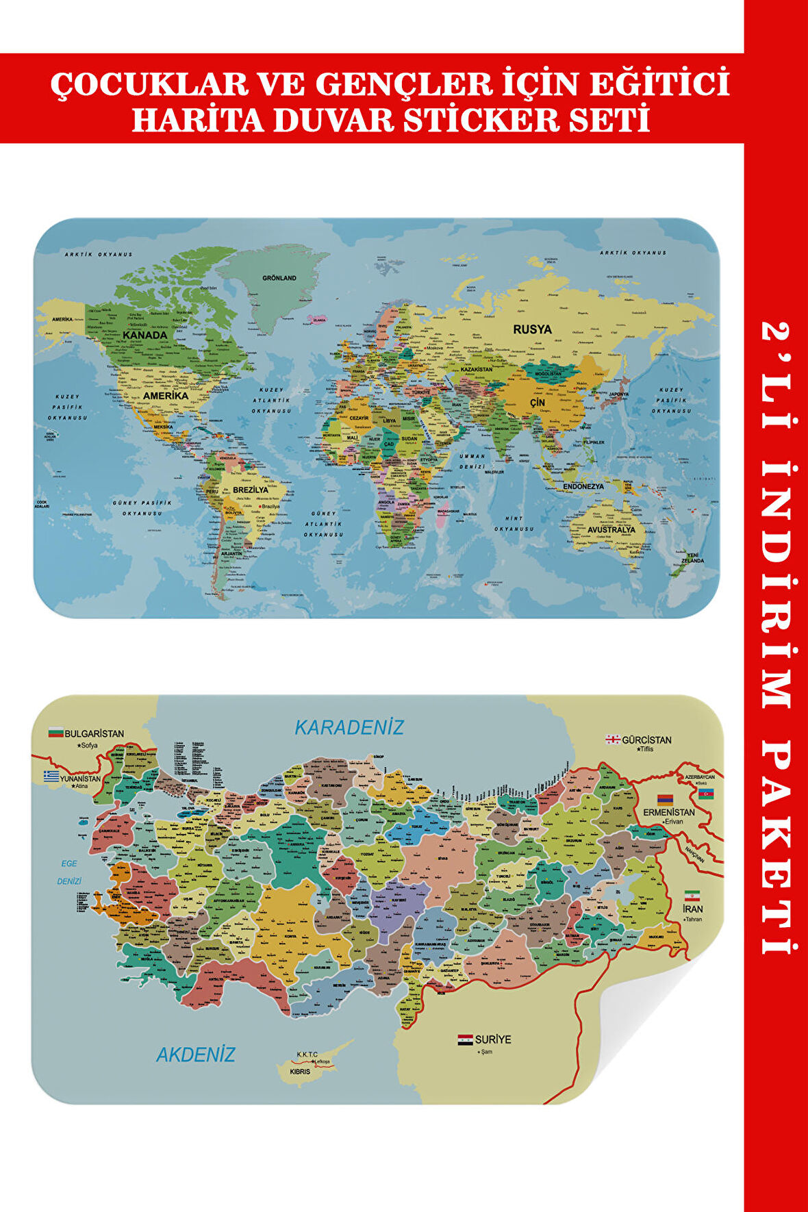  Eğitici - Öğretici Dünya ve Türkiye Haritası Çocuk Odası Duvar Stickerı