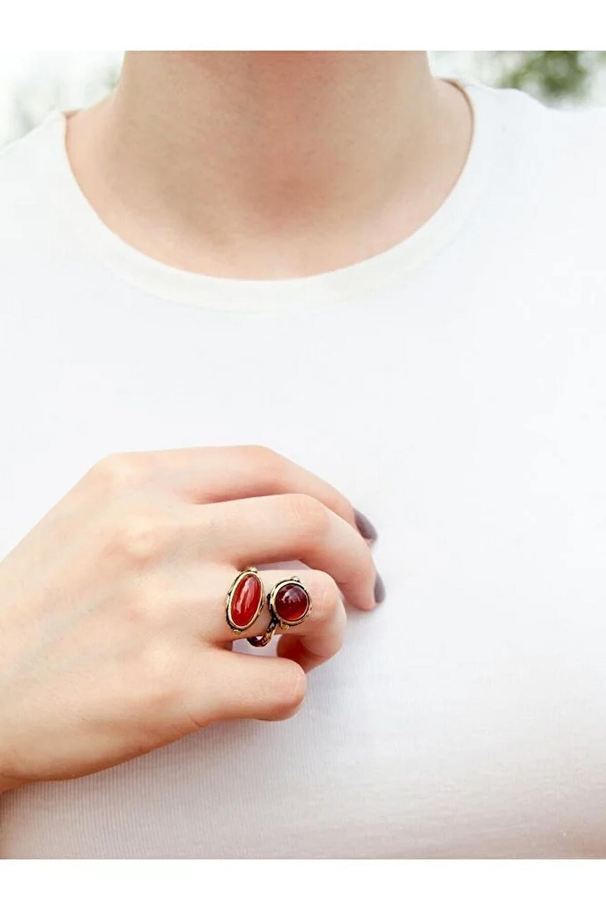 Doğal Taş Akik Doğal Taşlı İkili Otantik Ayarlanabilir Yüzük dtyia