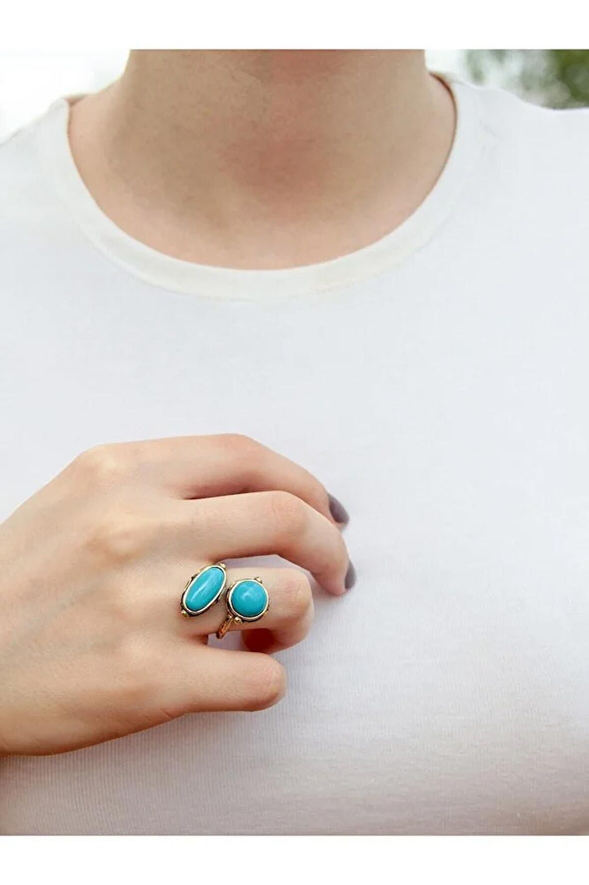 Doğal Taş Firuze Doğal Taşlı İkili Otantik Ayarlanabilir Yüzük dtyif