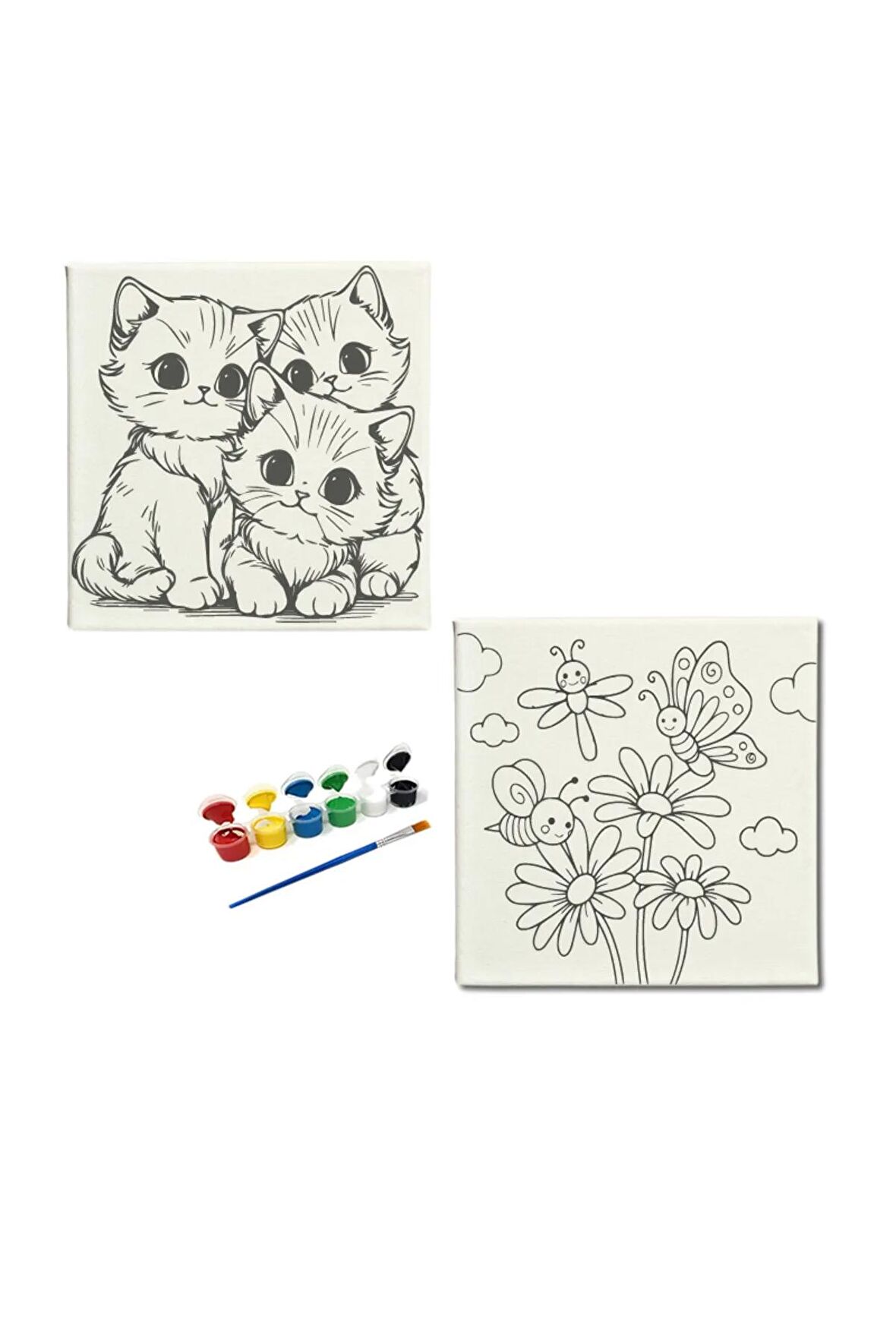 TATİL ETKİNLİĞİ-2'li Tuval Boyama Seti. 20x20 CM UV baskı + 6 Akrilik Boya + 1 Fırça-MODEL-50
