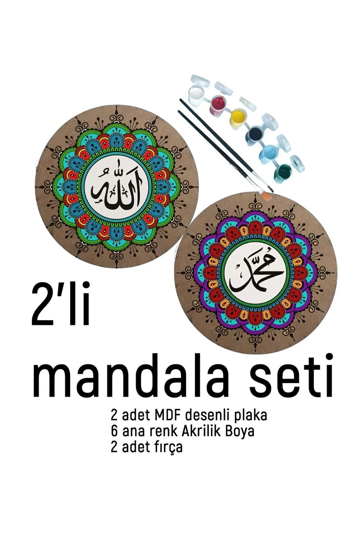 2Li Mandala Boyama Seti- 2 DESENLİ PLAKA-6 RENK AKRİLİK BOYA-2 ADET FIRÇA