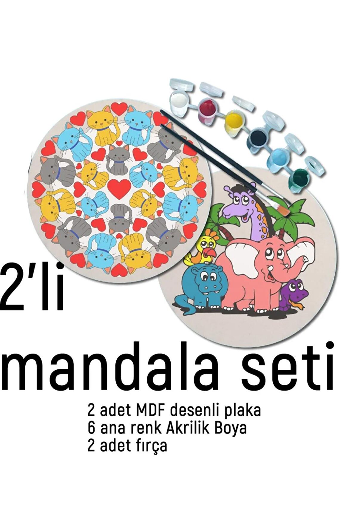 2Li Mandala Boyama Seti- 2 DESENLİ PLAKA-6 RENK AKRİLİK BOYA-2 ADET FIRÇA