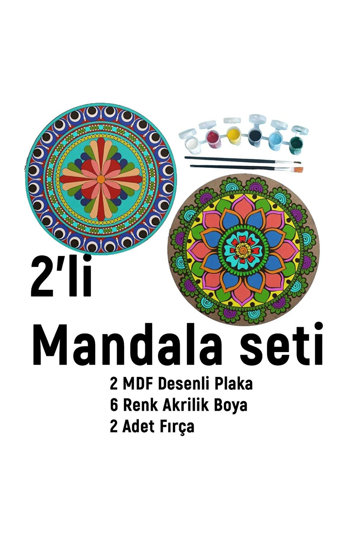 2Li Mandala Boyama Seti- 2 DESENLİ PLAKA-6 RENK AKRİLİK BOYA-2 ADET FIRÇA