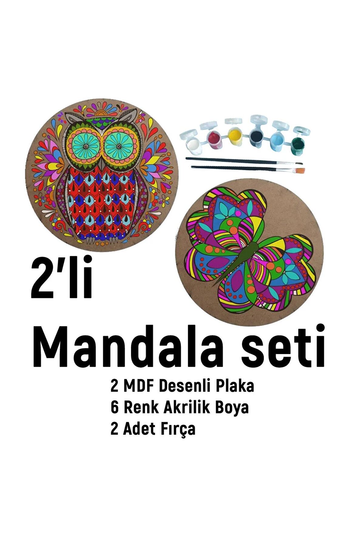 2Li Mandala Boyama Seti- 2 DESENLİ PLAKA-6 RENK AKRİLİK BOYA-2 ADET FIRÇA