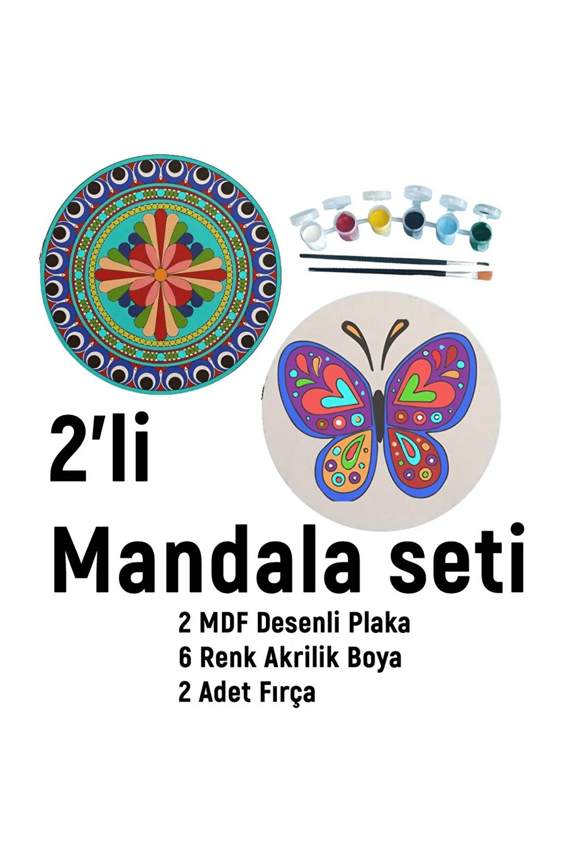 2'li MANDALA BOYAMA SETİ- TATİL ETKİNLİĞİ-2 HAM MDF PLAKA, 6 RENK BOYA,2 FIRÇA MODEL-16