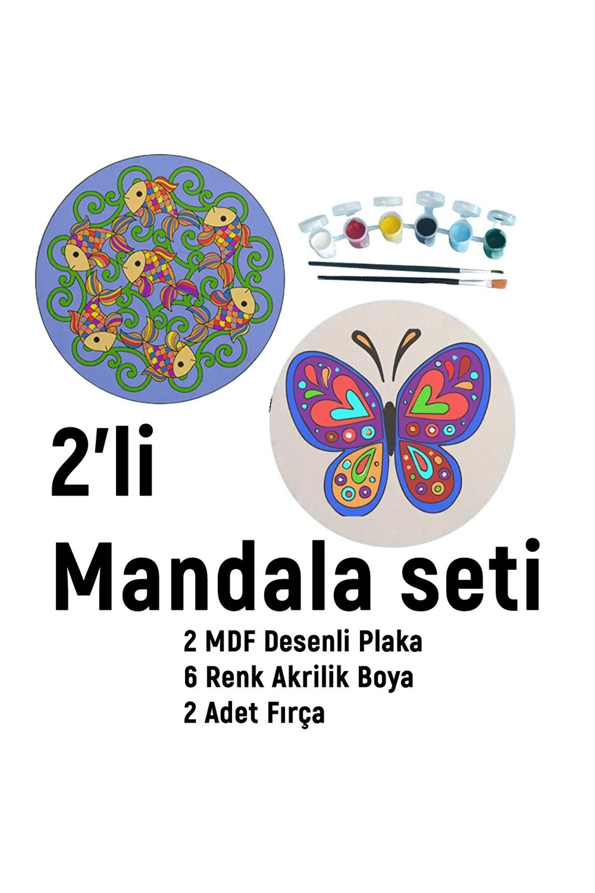 2'li MANDALA BOYAMA SETİ- TATİL ETKİNLİĞİ-2 HAM MDF PLAKA, 6 RENK BOYA,2 FIRÇA MODEL-17