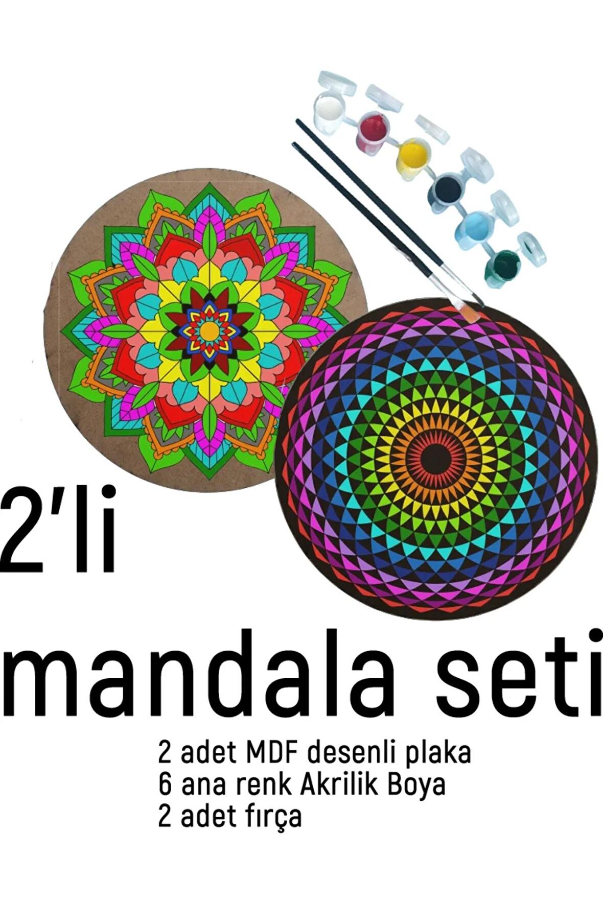 2Li Mandala Boyama Seti- 2 DESENLİ PLAKA-6 RENK AKRİLİK BOYA-2 ADET FIRÇA