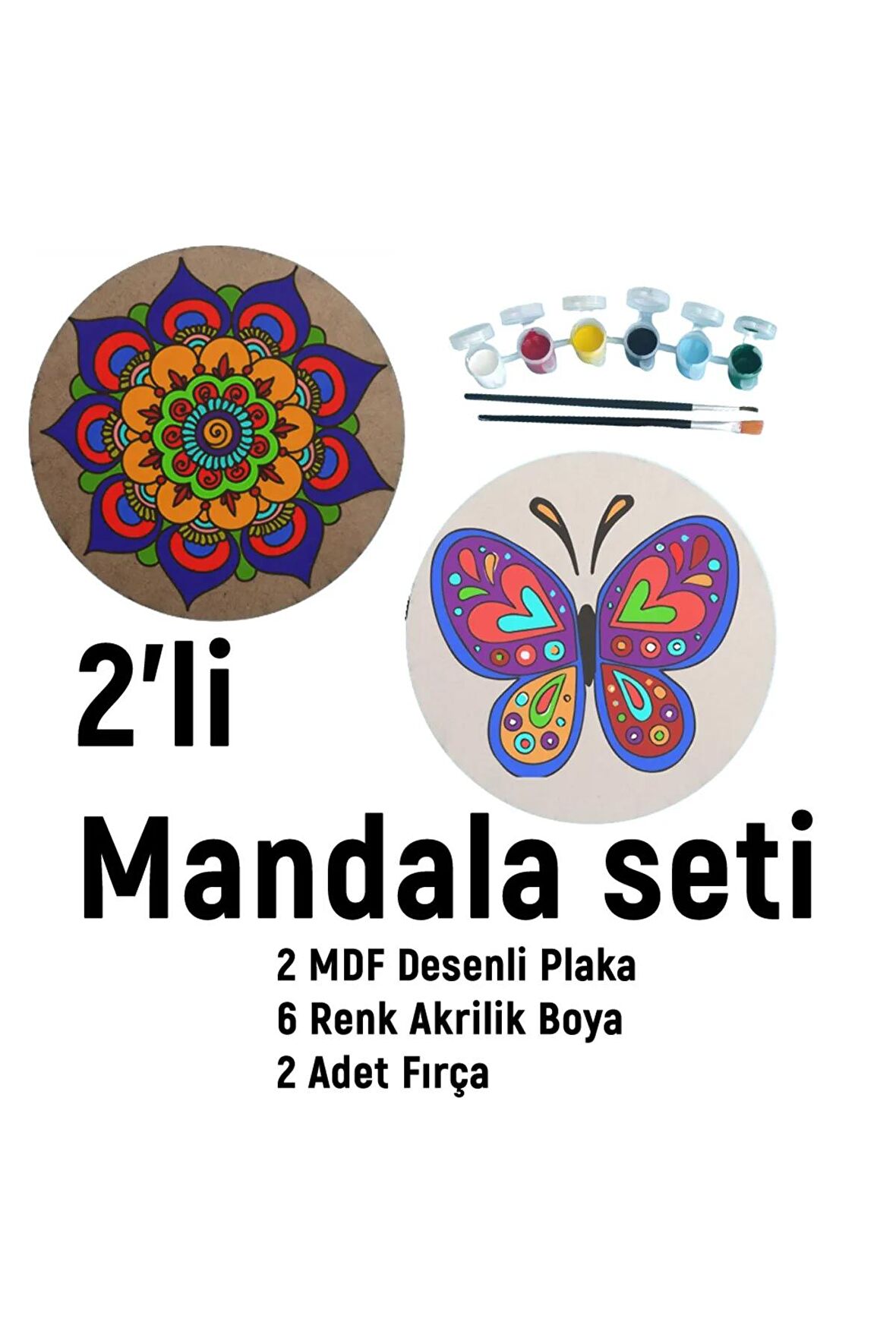 2'li MANDALA BOYAMA SETİ- TATİL ETKİNLİĞİ-2 HAM MDF PLAKA, 6 RENK BOYA,2 FIRÇA MODEL-21