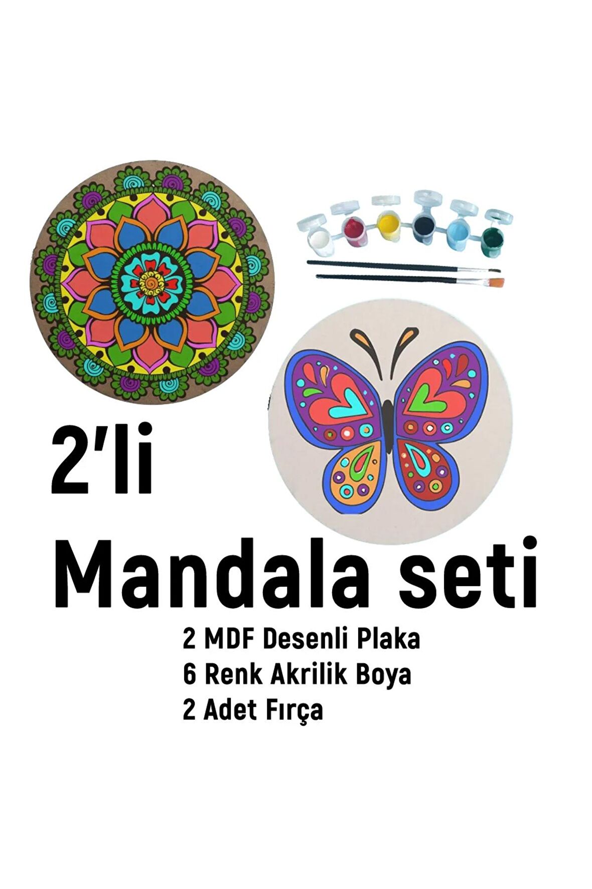 2'li MANDALA BOYAMA SETİ- TATİL ETKİNLİĞİ-2 HAM MDF PLAKA, 6 RENK BOYA,2 FIRÇA MODEL-23