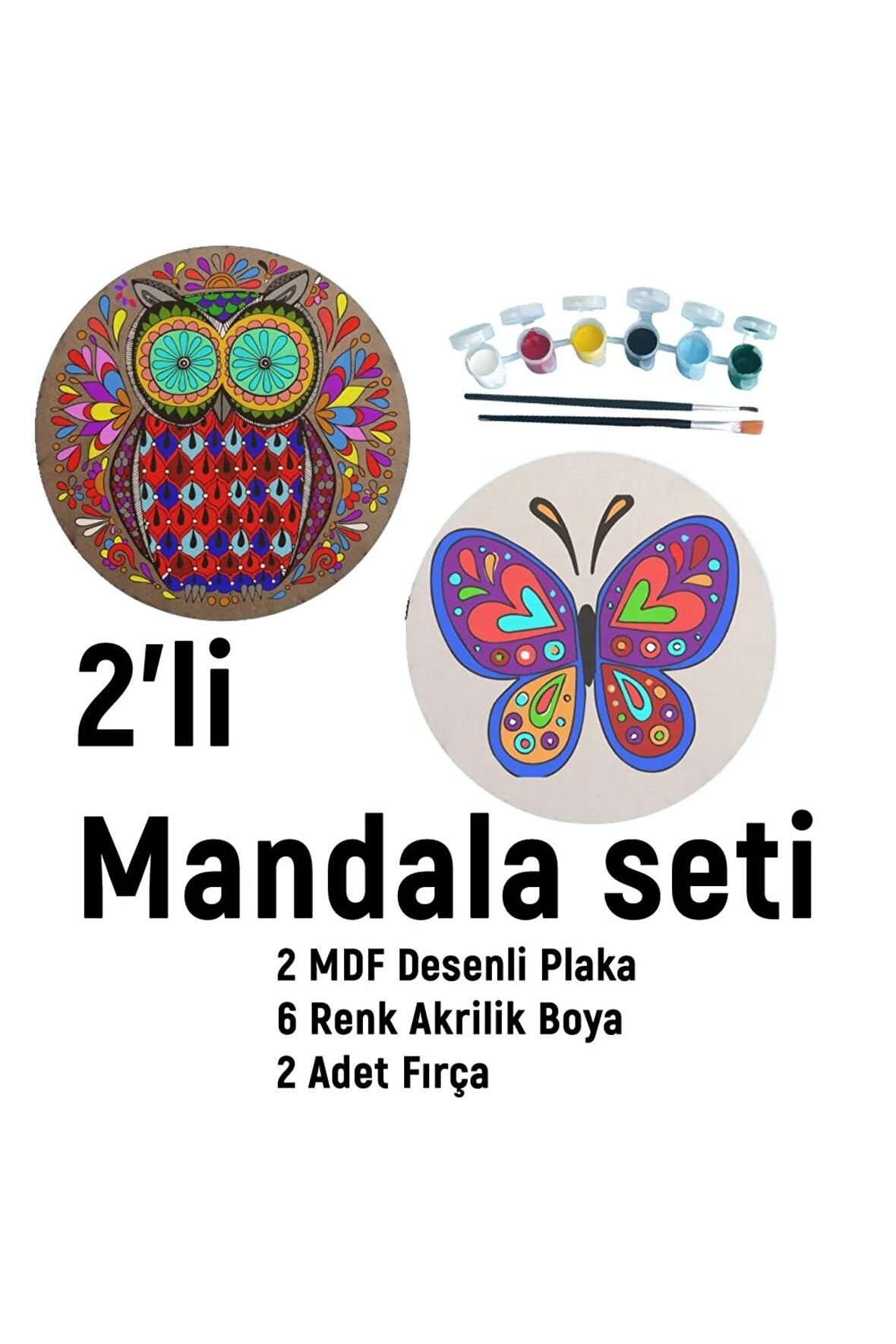 2'li MANDALA BOYAMA SETİ- TATİL ETKİNLİĞİ-2 HAM MDF PLAKA, 6 RENK BOYA,2 FIRÇA MODEL-24