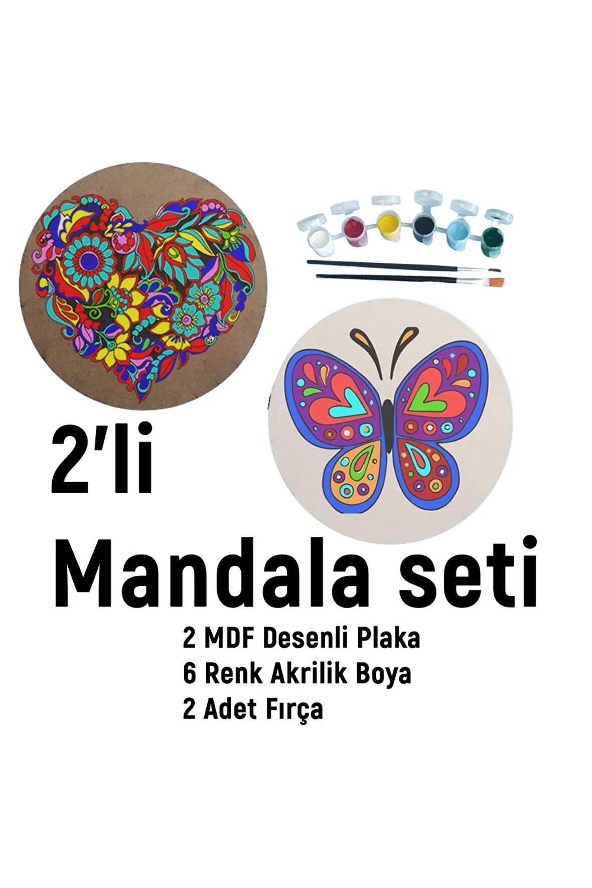 2'li MANDALA BOYAMA SETİ- TATİL ETKİNLİĞİ-2 HAM MDF PLAKA, 6 RENK BOYA,2 FIRÇA MODEL-25