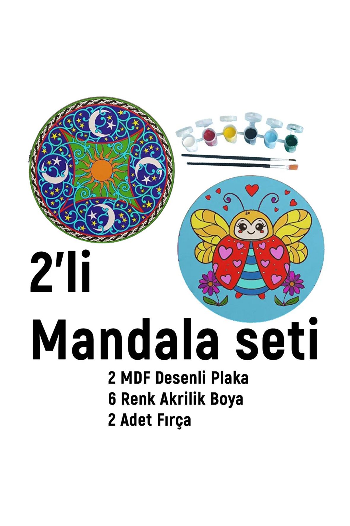 2'li MANDALA BOYAMA SETİ- TATİL ETKİNLİĞİ-2 HAM MDF PLAKA, 6 RENK BOYA,2 FIRÇA MODEL-27