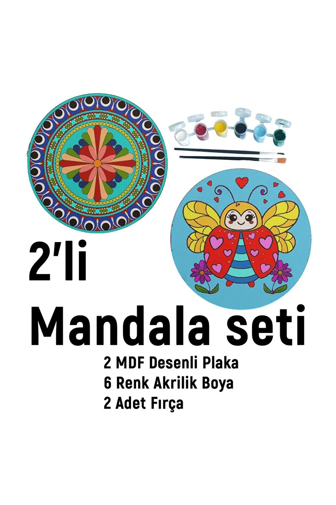 2'li MANDALA BOYAMA SETİ- TATİL ETKİNLİĞİ-2 HAM MDF PLAKA, 6 RENK BOYA,2 FIRÇA MODEL-28