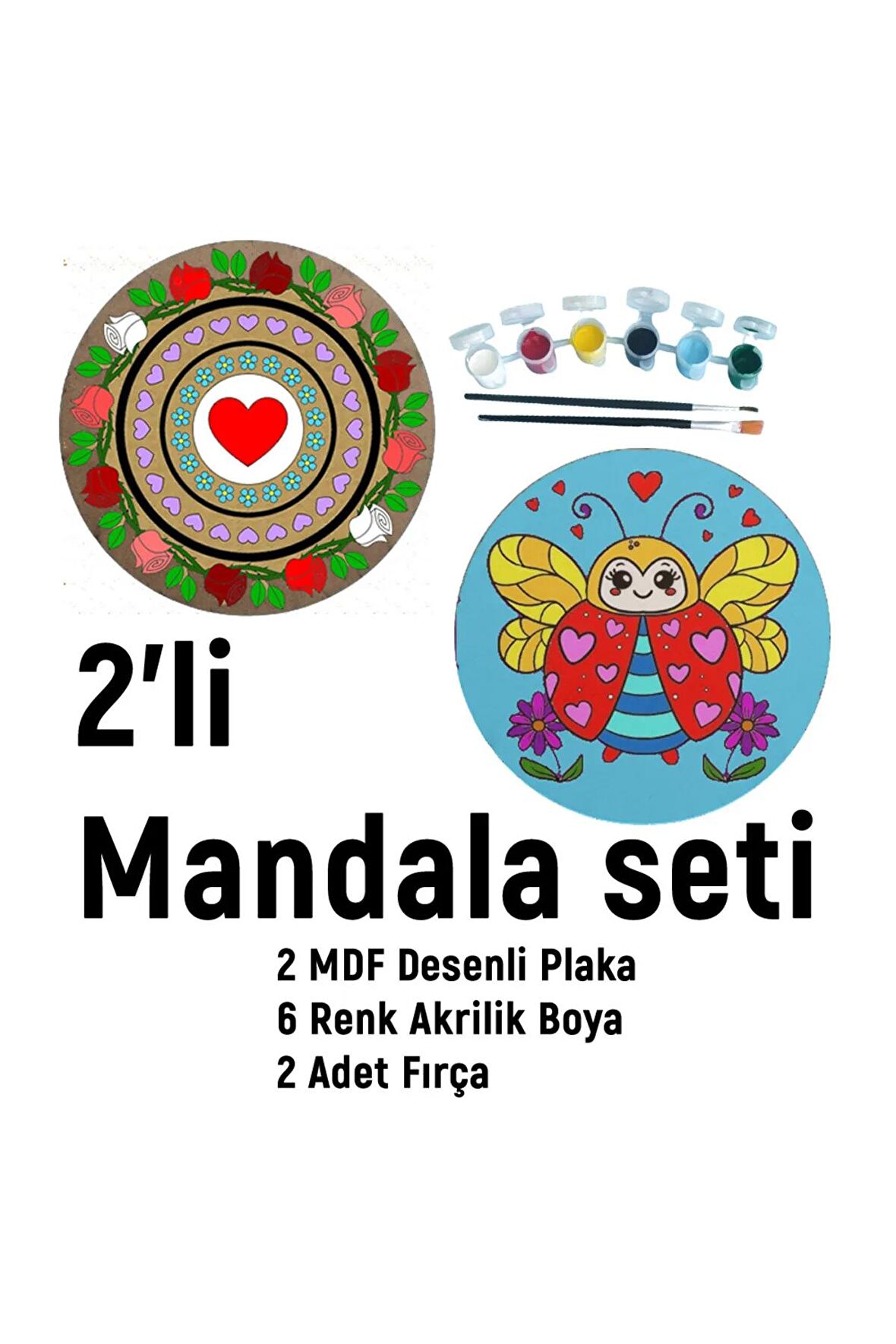 2'li MANDALA BOYAMA SETİ- TATİL ETKİNLİĞİ-2 HAM MDF PLAKA, 6 RENK BOYA,2 FIRÇA MODEL-32