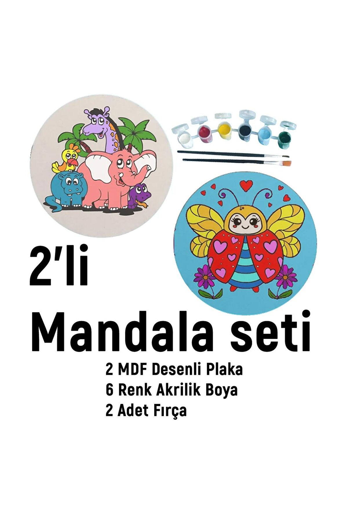 2'li MANDALA BOYAMA SETİ- TATİL ETKİNLİĞİ-2 HAM MDF PLAKA, 6 RENK BOYA,2 FIRÇA MODEL-33