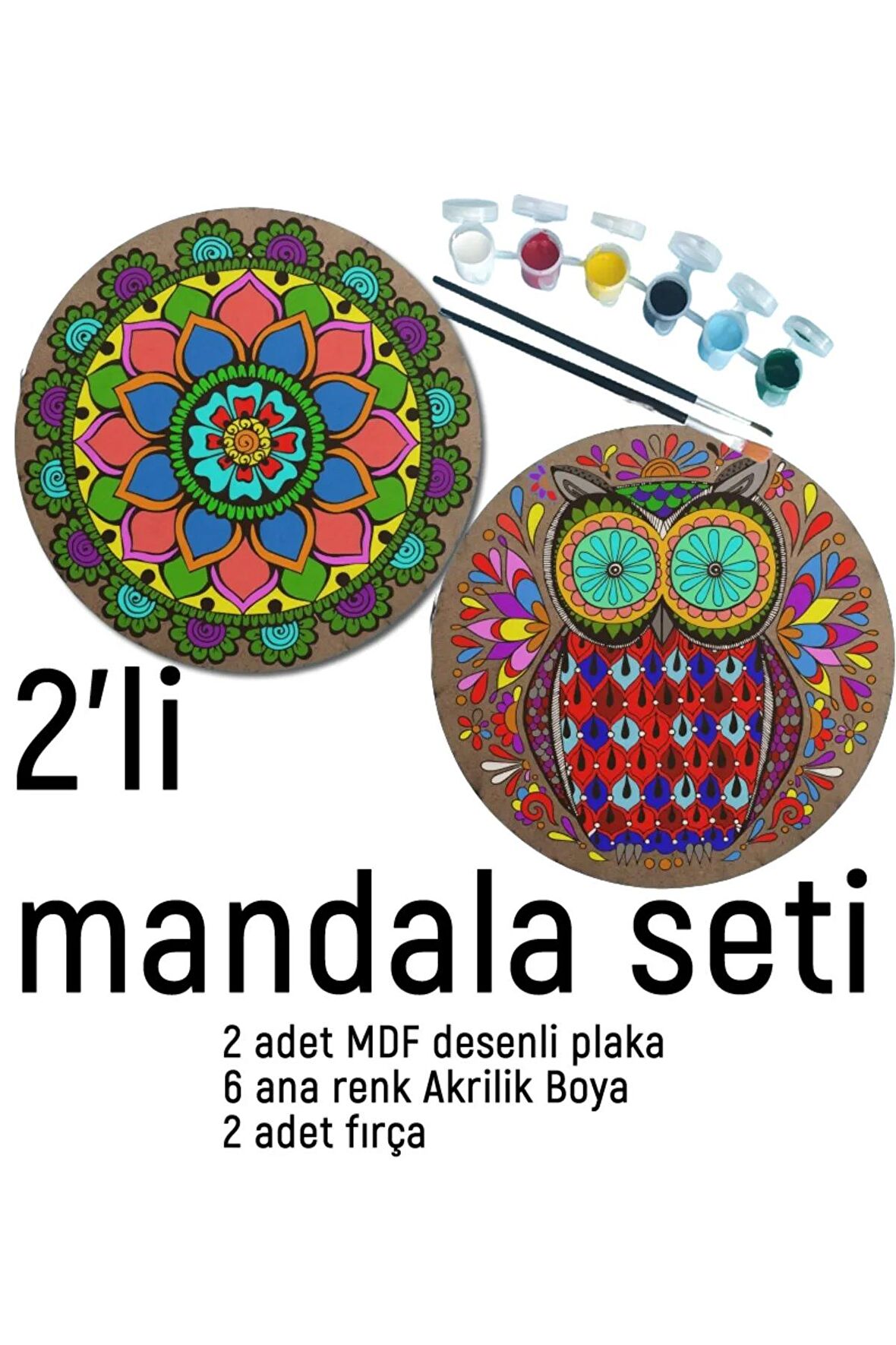 2Li Mandala Boyama Seti- 2 DESENLİ PLAKA-6 RENK AKRİLİK BOYA-2 ADET FIRÇA