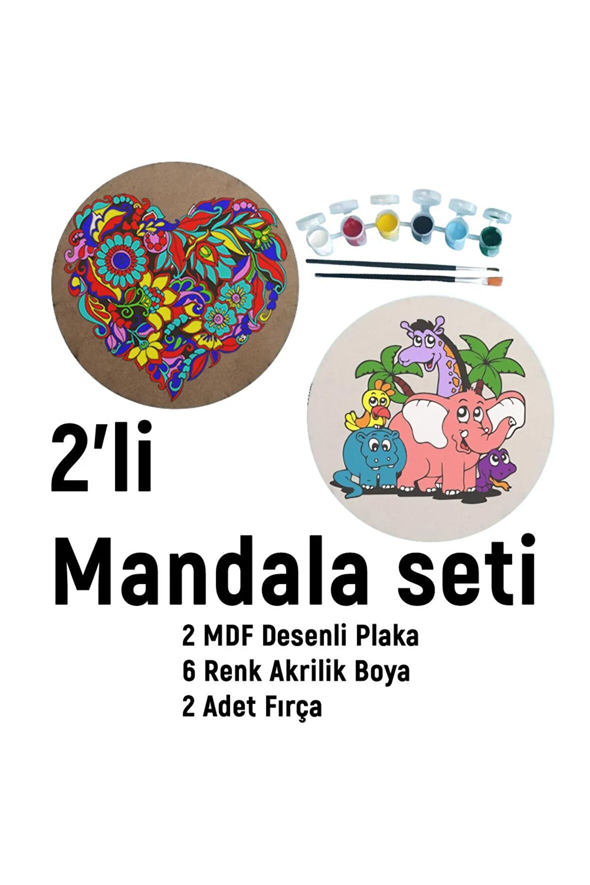 2'li MANDALA BOYAMA SETİ- TATİL ETKİNLİĞİ-2 HAM MDF PLAKA, 6 RENK BOYA,2 FIRÇA MODEL-41