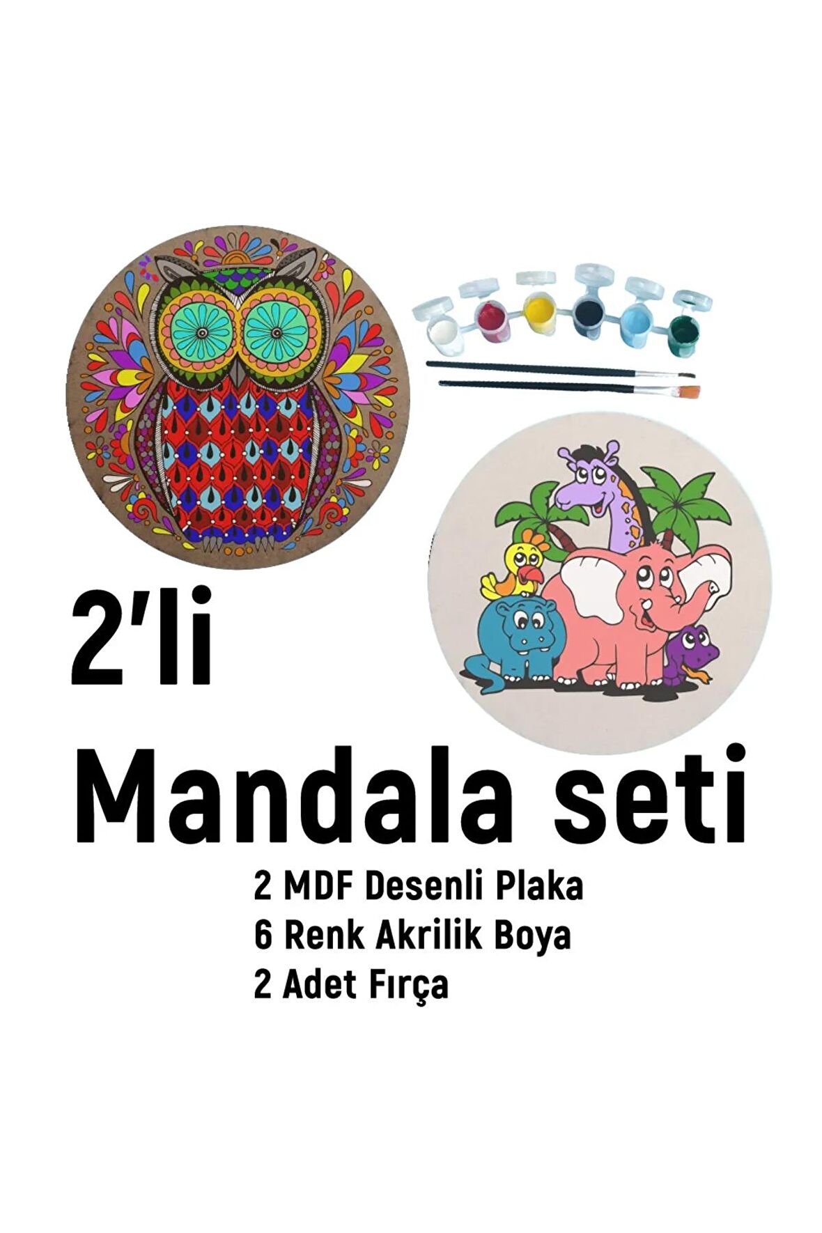 2'li MANDALA BOYAMA SETİ- TATİL ETKİNLİĞİ-2 HAM MDF PLAKA, 6 RENK BOYA,2 FIRÇA MODEL-42