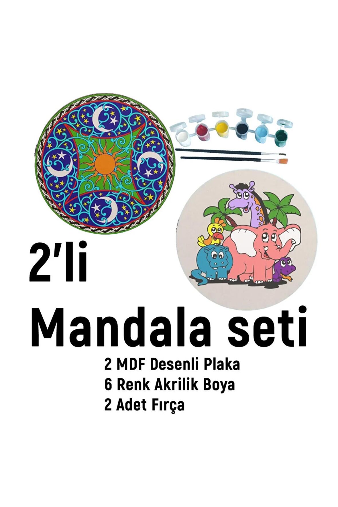 2'li MANDALA BOYAMA SETİ- TATİL ETKİNLİĞİ-2 HAM MDF PLAKA, 6 RENK BOYA,2 FIRÇA MODEL-43