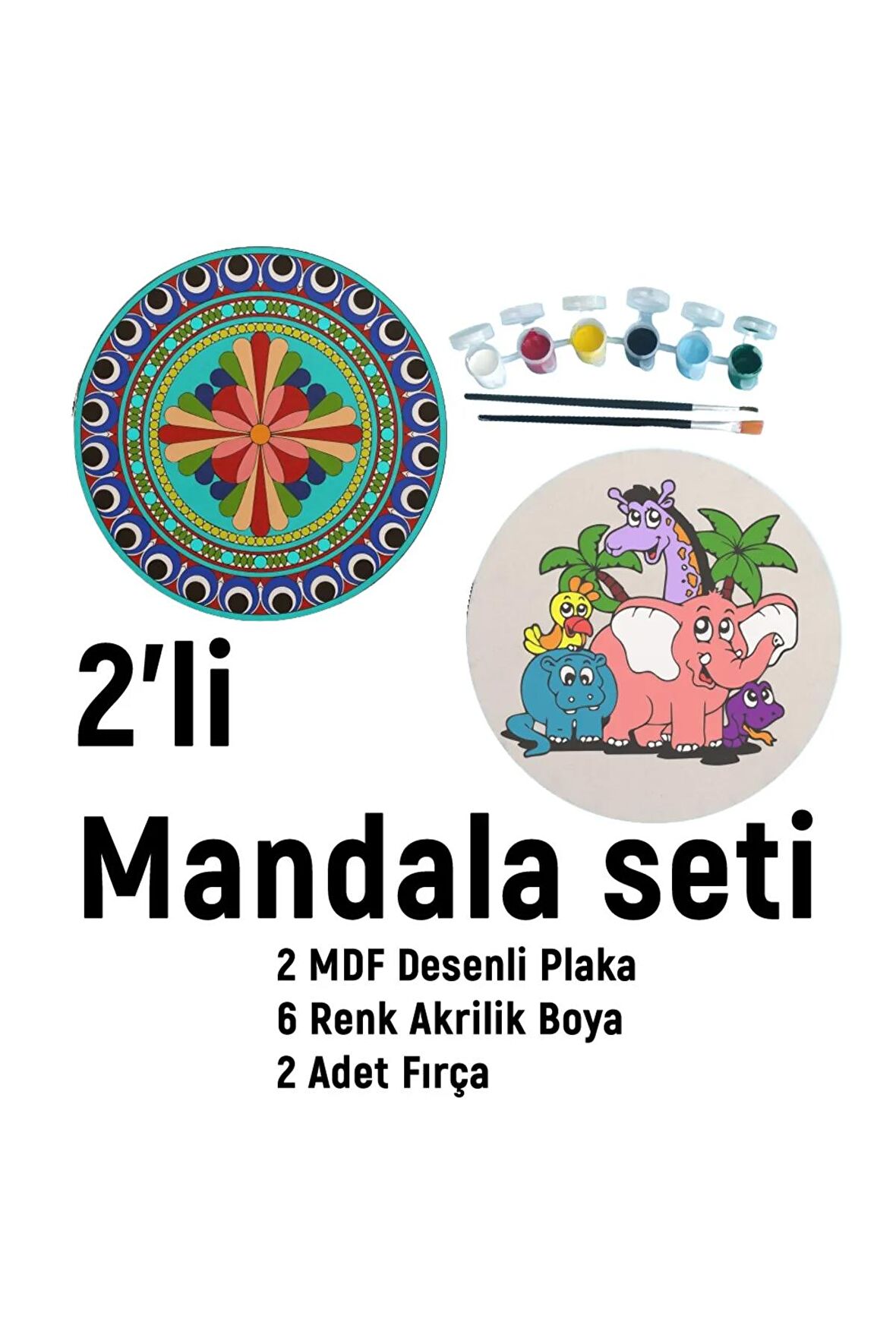 2'li MANDALA BOYAMA SETİ- TATİL ETKİNLİĞİ-2 HAM MDF PLAKA, 6 RENK BOYA,2 FIRÇA MODEL-44