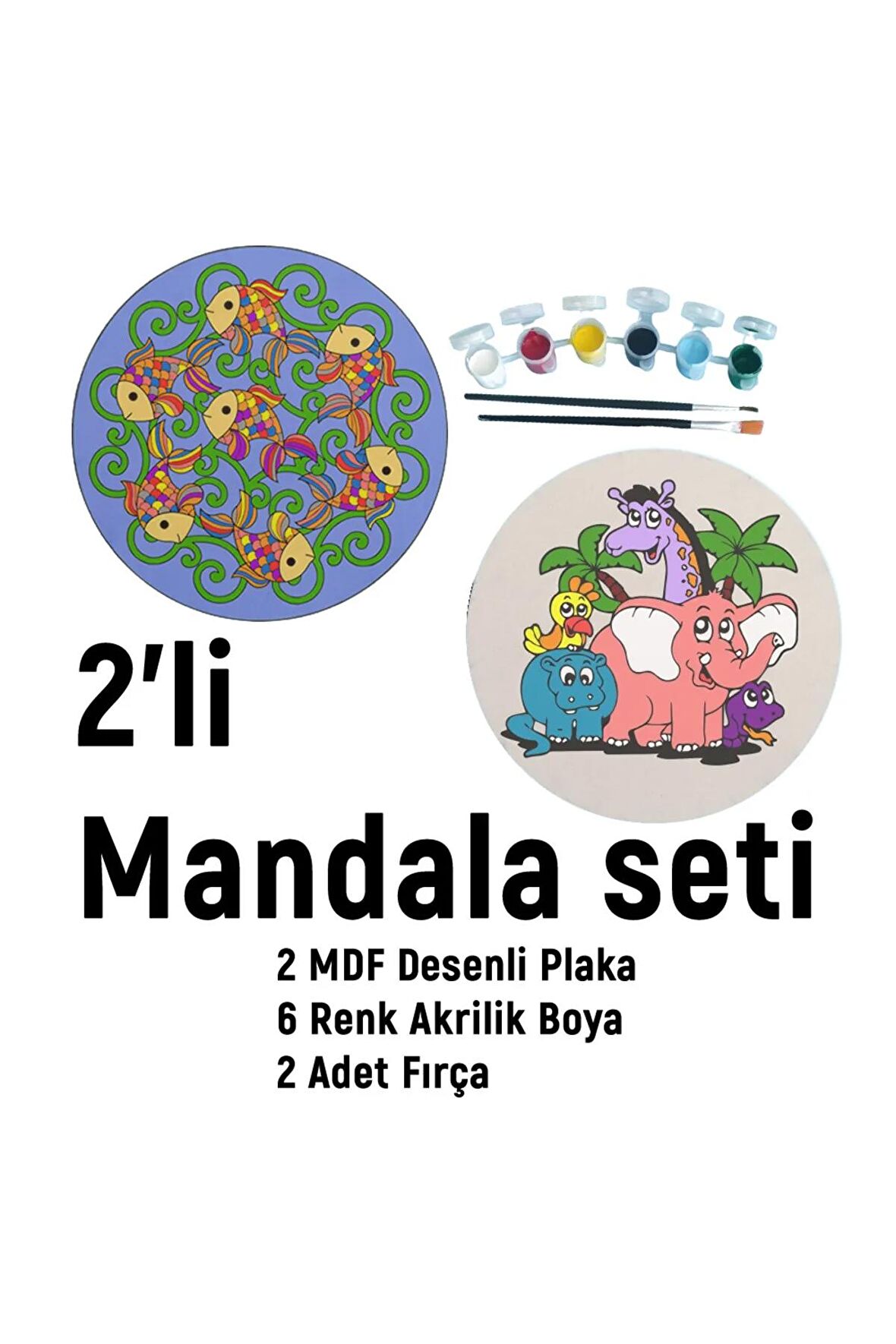 2'li MANDALA BOYAMA SETİ- TATİL ETKİNLİĞİ-2 HAM MDF PLAKA, 6 RENK BOYA,2 FIRÇA MODEL-47