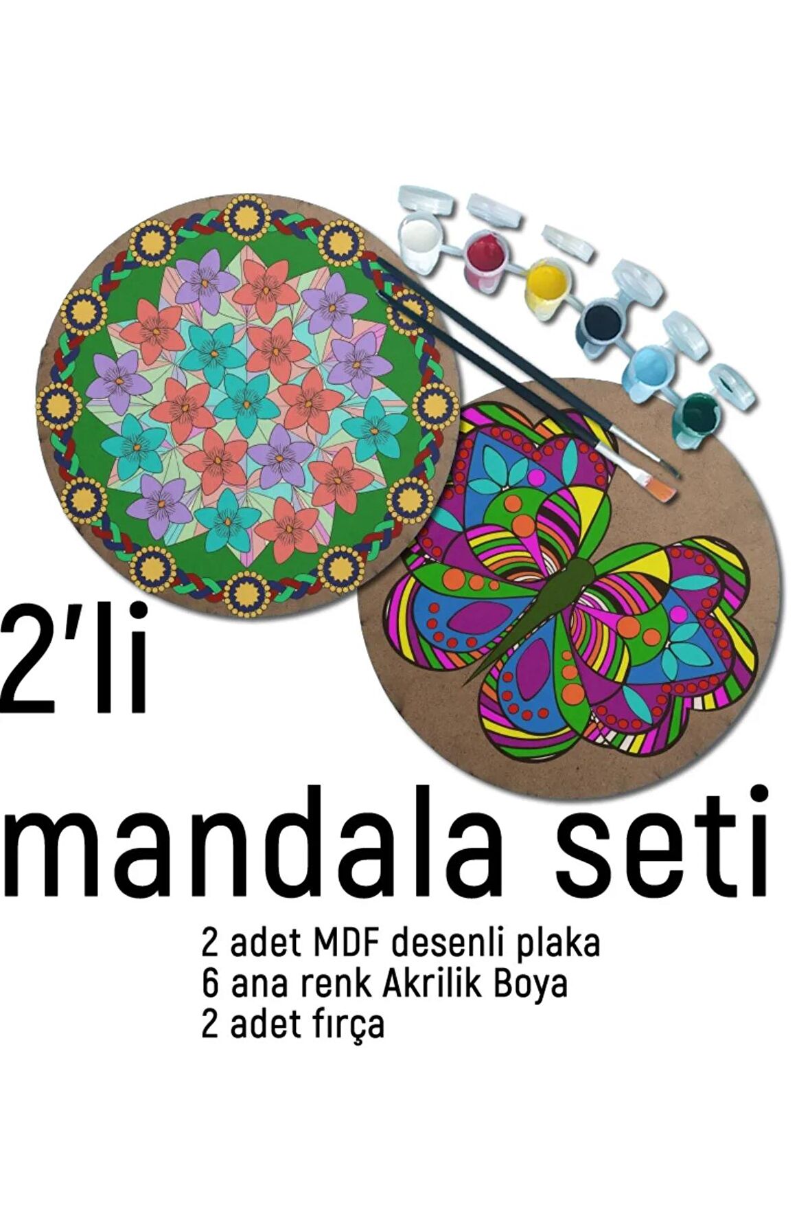 2Li Mandala Boyama Seti- 2 DESENLİ PLAKA-6 RENK AKRİLİK BOYA-2 ADET FIRÇA