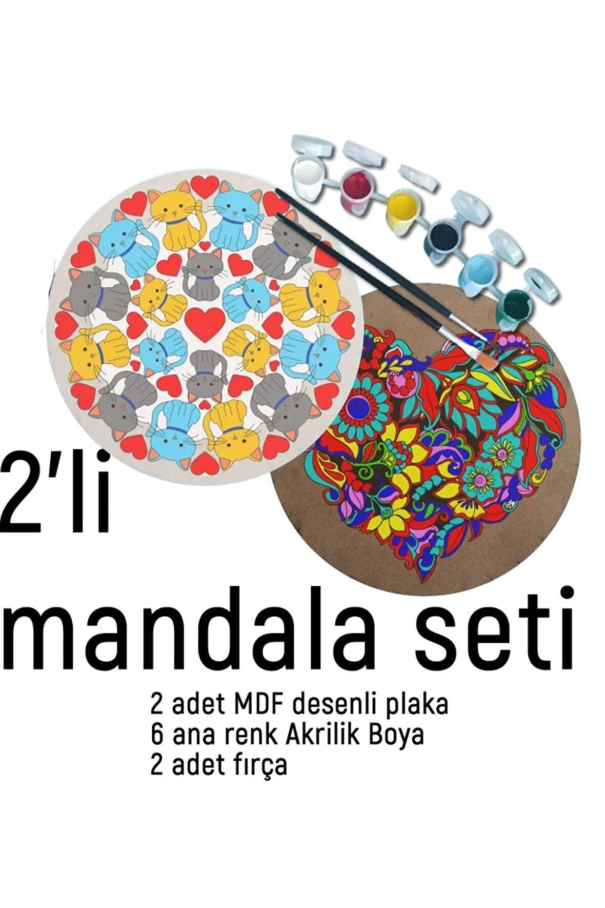 2Li Mandala Boyama Seti- 2 DESENLİ PLAKA-6 RENK AKRİLİK BOYA-2 ADET FIRÇA