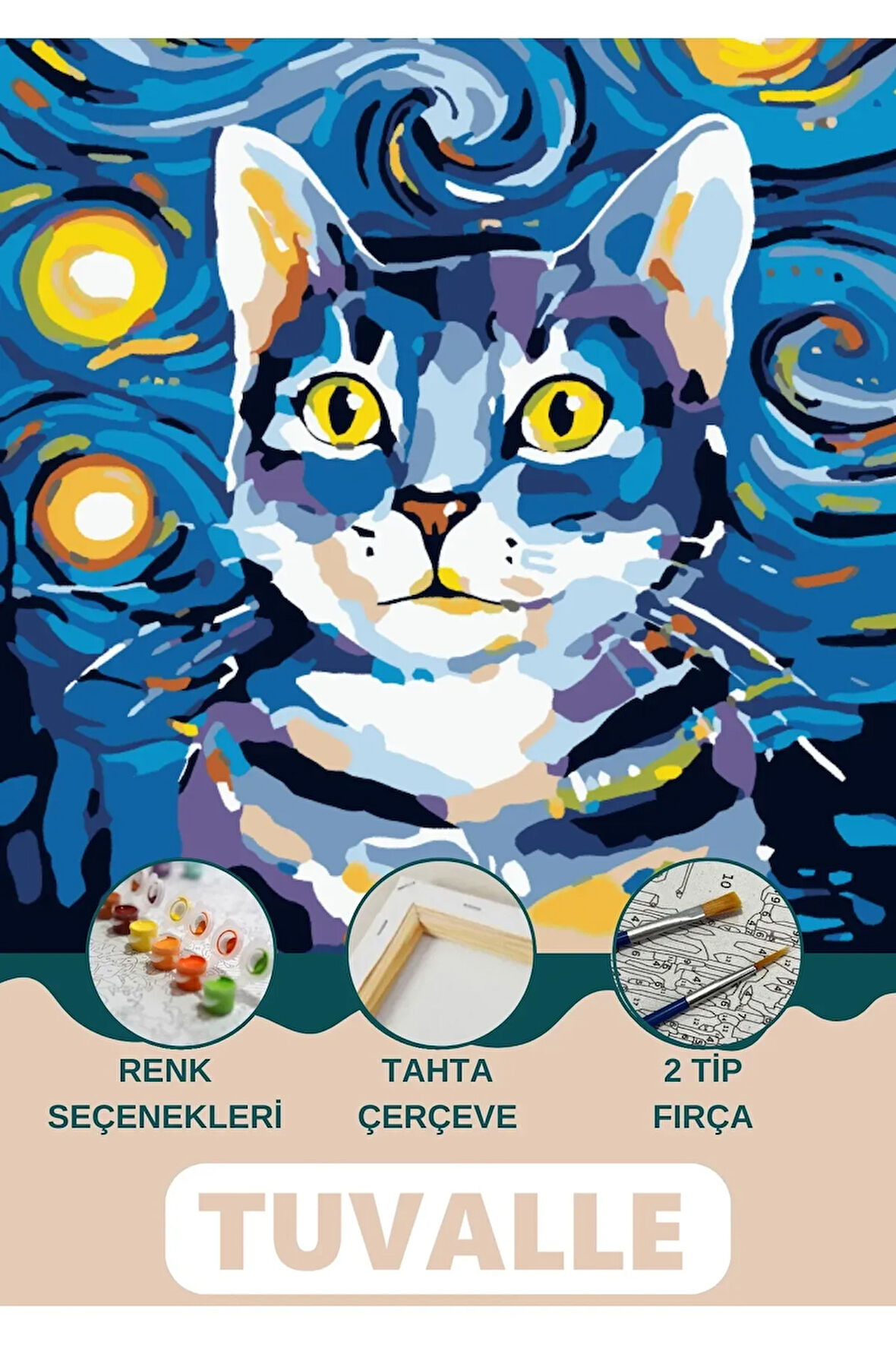 Düşünceli Kedi Sayılarla Boyama Seti, Hobi Seti, 40X50 Tablo, Fırça Boya Asma Aparatı Dahil, Zeki