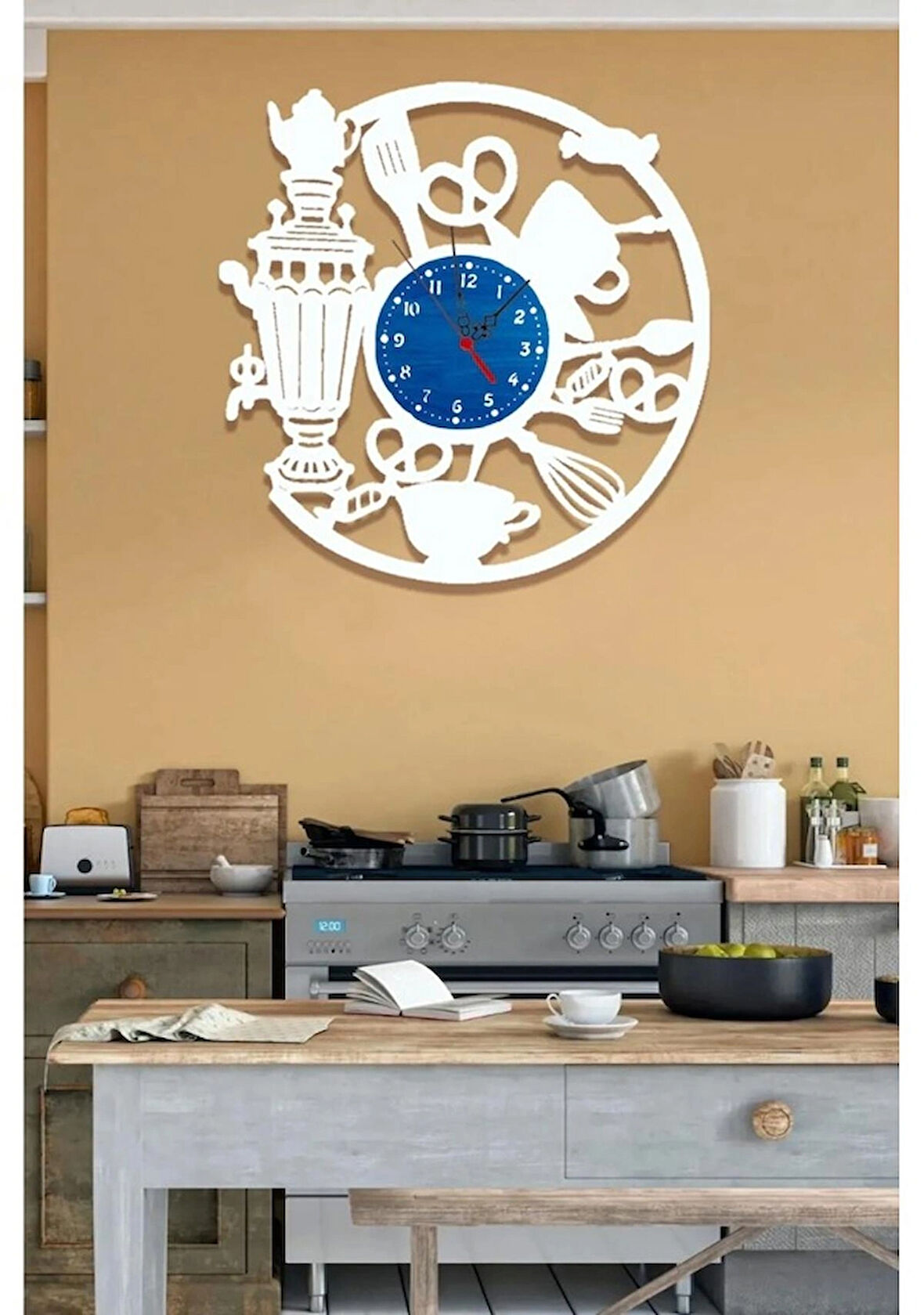 Mutfak Cafe Duvar Dekorasyon Dekor Saat+Mavi