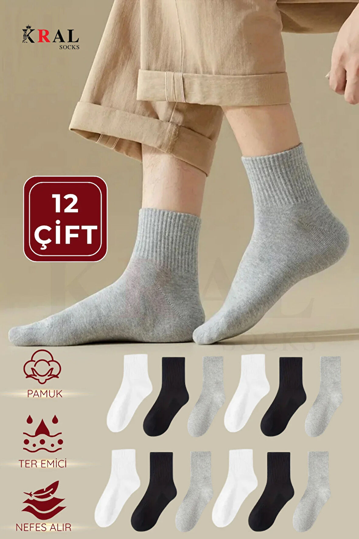 12 Çift Spor Tenis Kolej Çorabı | Pamuklu – Nefes Alabilir – Unisex