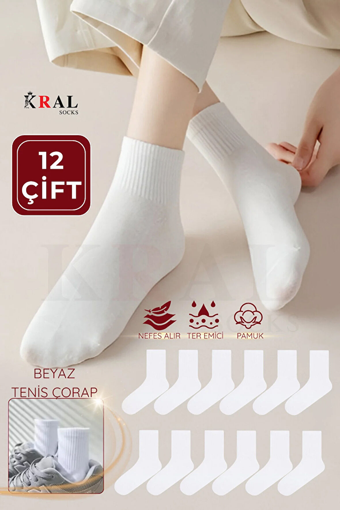 12 Çift Spor Tenis Kolej Çorabı | Pamuklu – Nefes Alabilir – Unisex