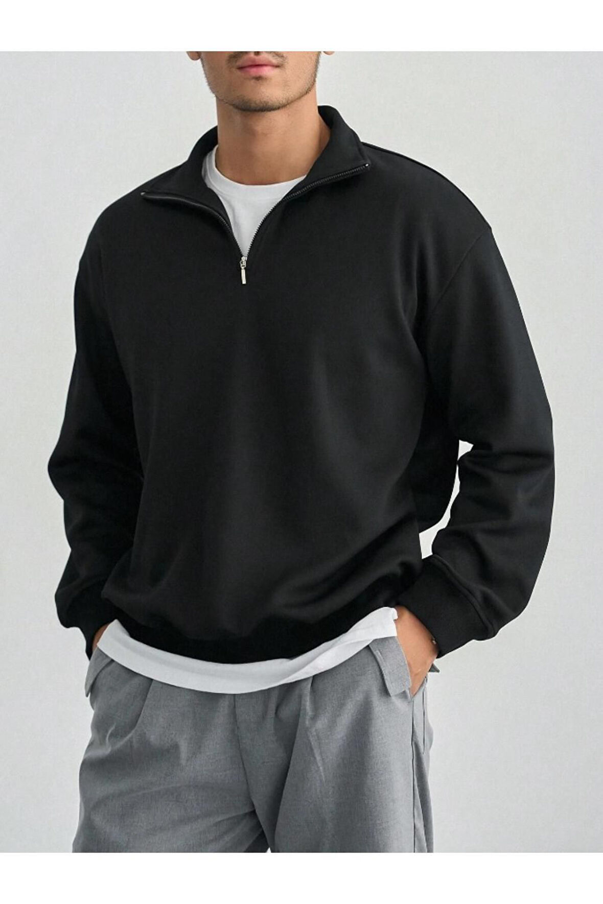 Erkek Bej Yarım Fermuarlı Oversize Polo Yaka Sweatshirt