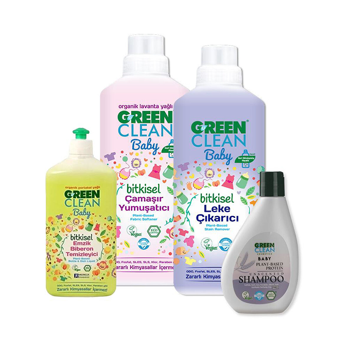 Green Clean Baby Şampuan, Çamaşır Yumuşatıcı, Leke Çıkarıcı ve Biberon Temizleyici