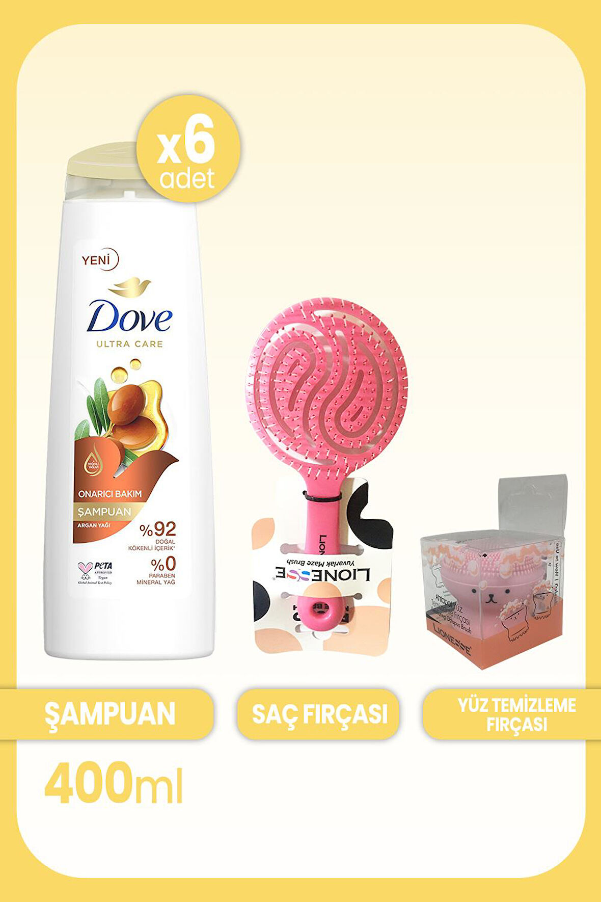 Dove Ultra Care Onarıcı Bakım Argan Yağı Şampuan 400 ml x 6 Adet & Saç ve Yüz Fırçası